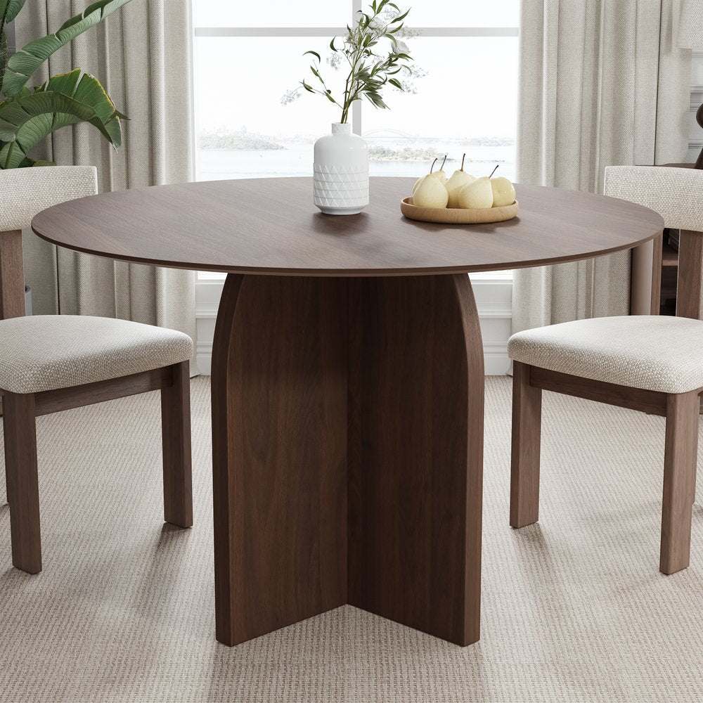 45" Brown Solid Wood Pedestal Base Round Top Dining Table