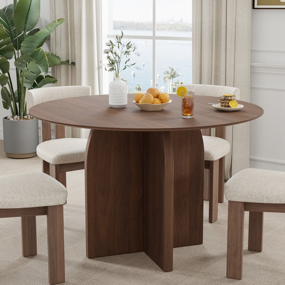 45" Brown Solid Wood Pedestal Base Round Top Dining Table