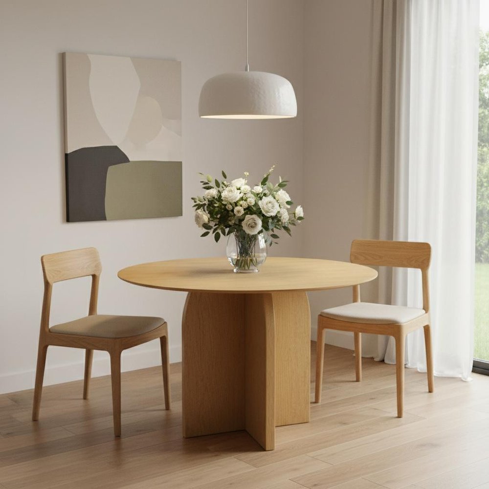 45" Beige Solid Wood Pedestal Base Round Top Dining Table