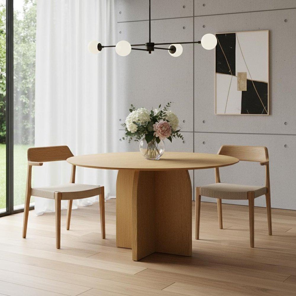 52" Beige Solid Wood Pedestal Base Round Top Dining Table