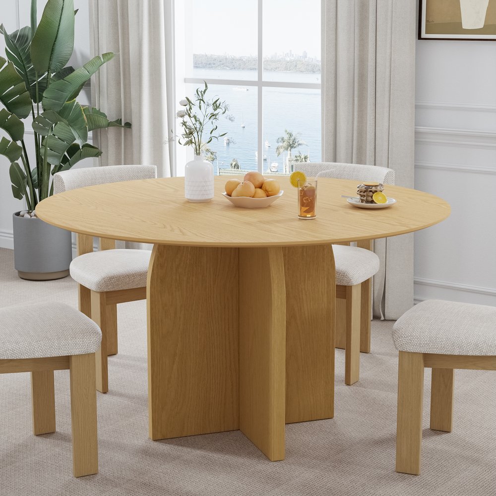 52" Beige Solid Wood Pedestal Base Round Top Dining Table