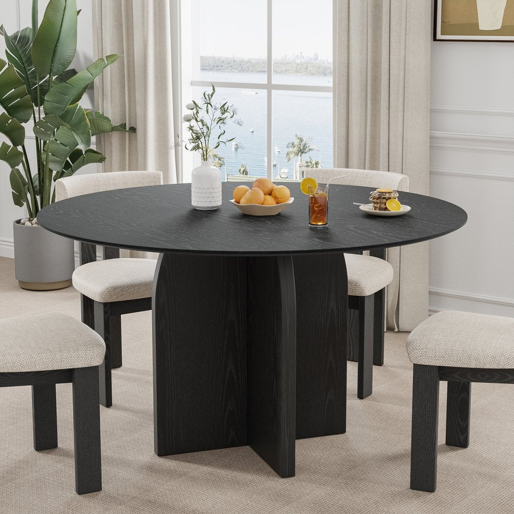 52" Black Solid Wood Pedestal Base Round Top Dining Table