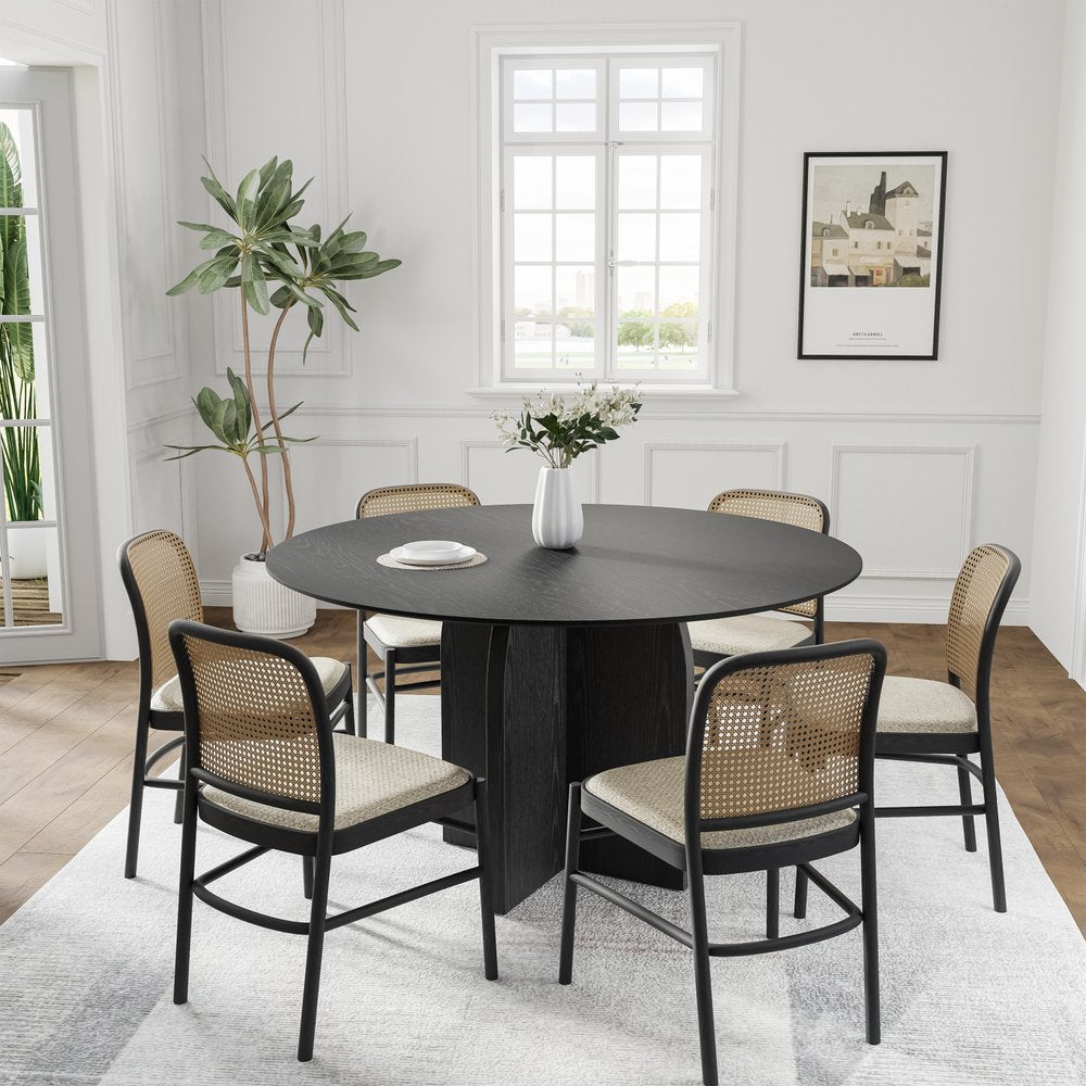 52" Black Solid Wood Pedestal Base Round Top Dining Table