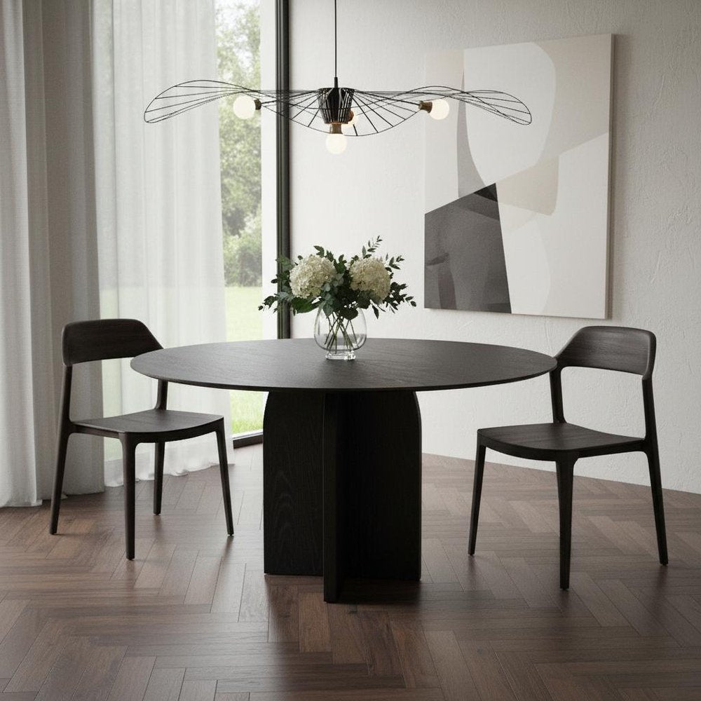 58" Black Solid Wood Pedestal Base Round Top Dining Table