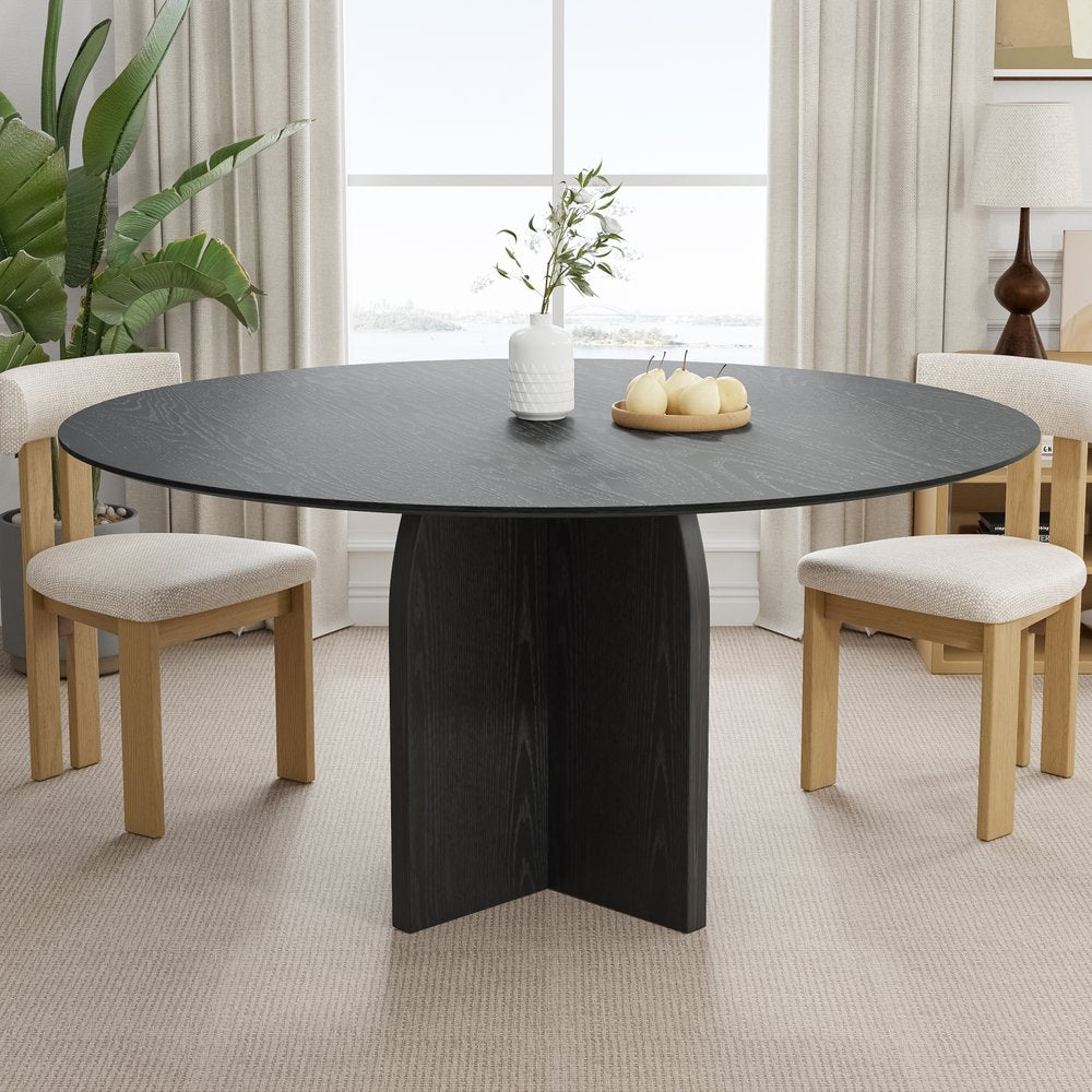 58" Black Solid Wood Pedestal Base Round Top Dining Table