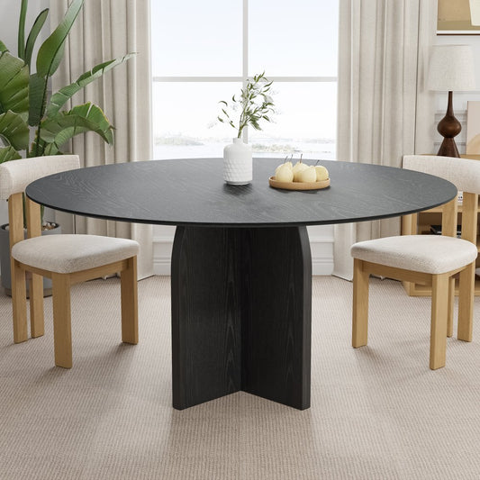 58" Black Solid Wood Pedestal Base Round Top Dining Table