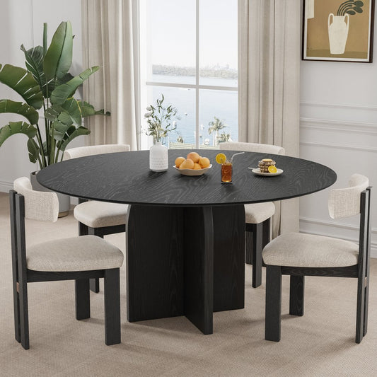 58" Black Solid Wood Pedestal Base Round Top Dining Table