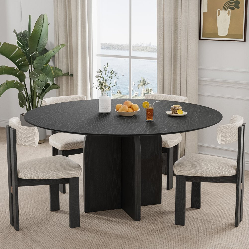 58" Black Solid Wood Pedestal Base Round Top Dining Table