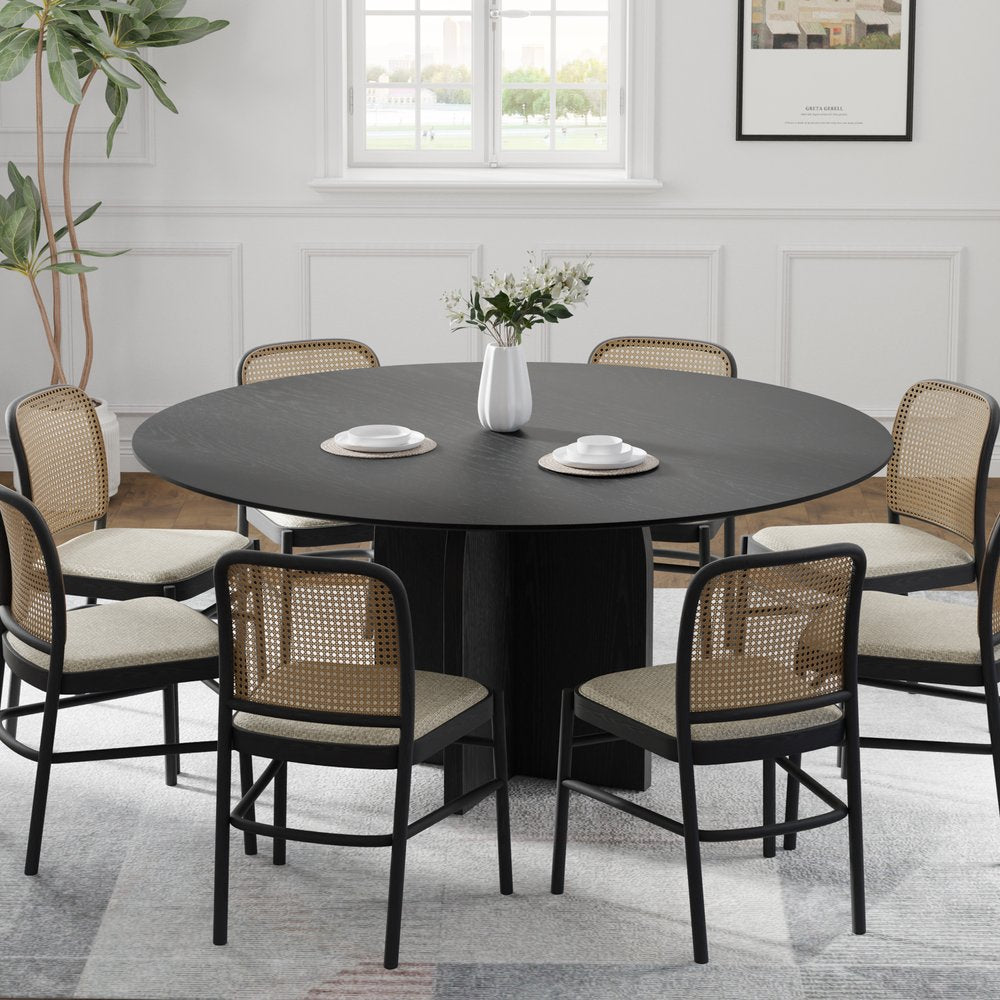 58" Black Solid Wood Pedestal Base Round Top Dining Table