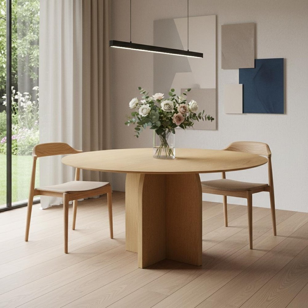 58" Beige Solid Wood Pedestal Base Round Top Dining Table