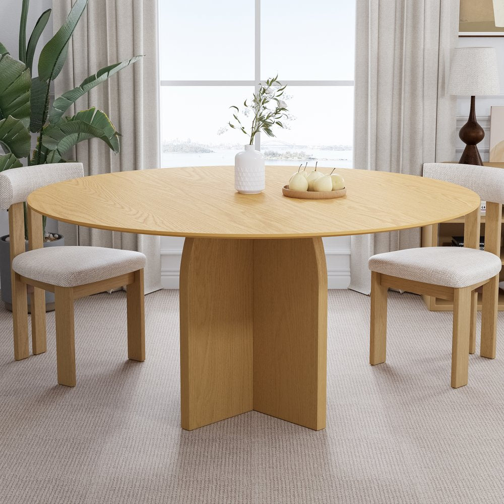 58" Beige Solid Wood Pedestal Base Round Top Dining Table