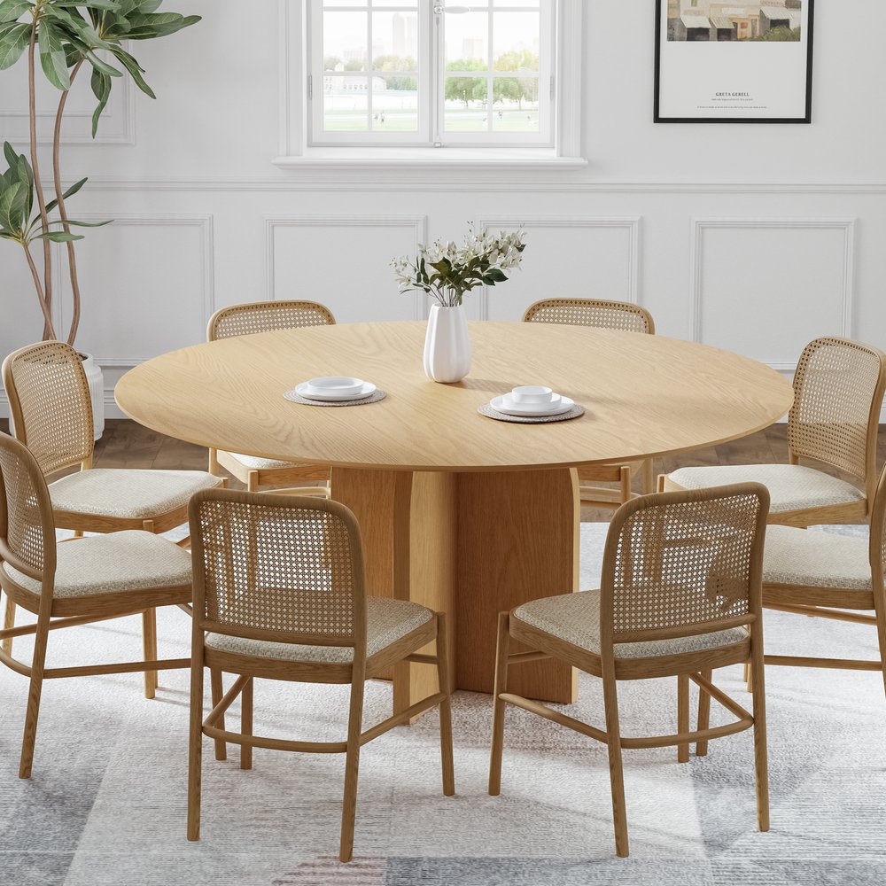 58" Beige Solid Wood Pedestal Base Round Top Dining Table