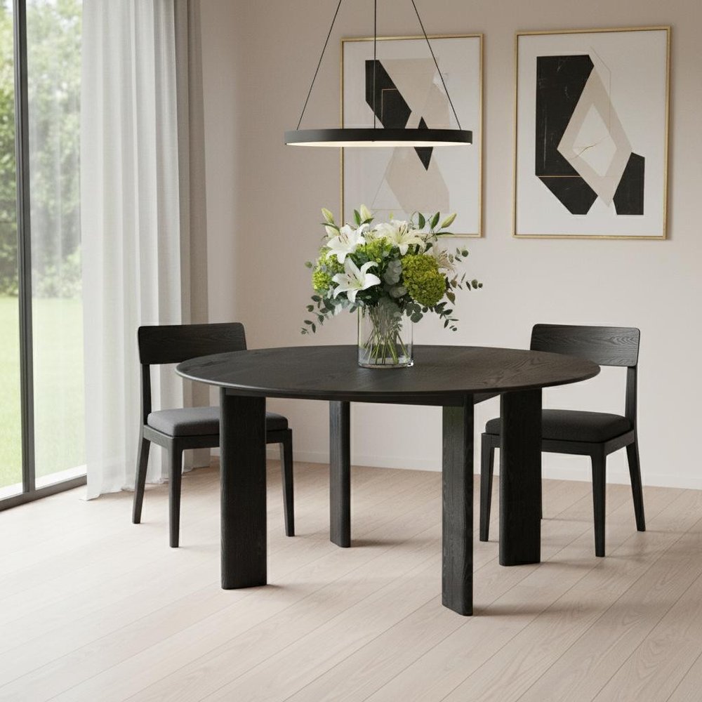 58" Black Solid Wood Round Top Dining Table