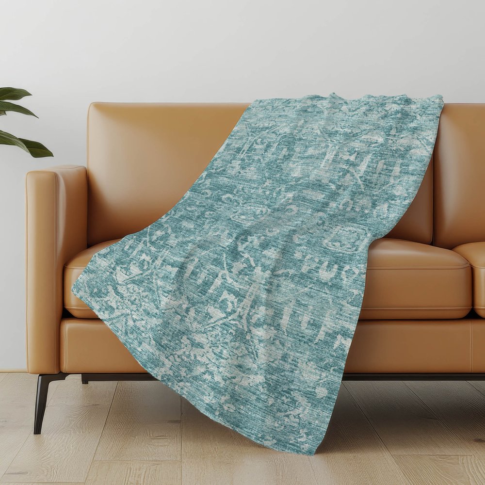 50" X 70" Blue And Ivory Damask Polyester Woven Plush Throw Blanket