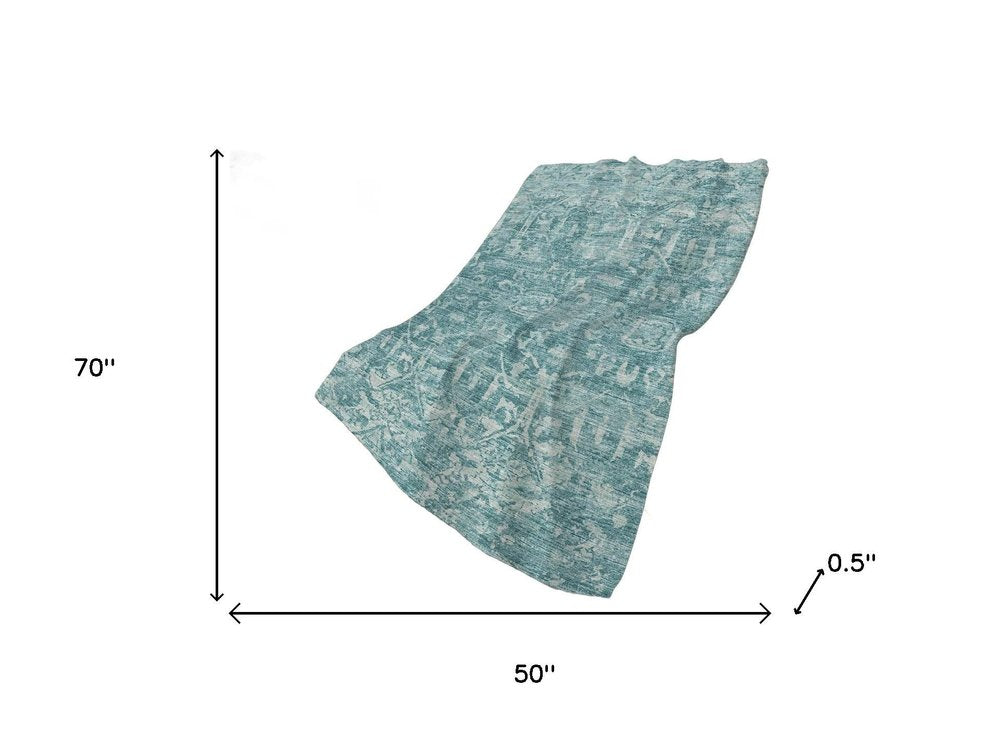 50" X 70" Blue And Ivory Damask Polyester Woven Plush Throw Blanket