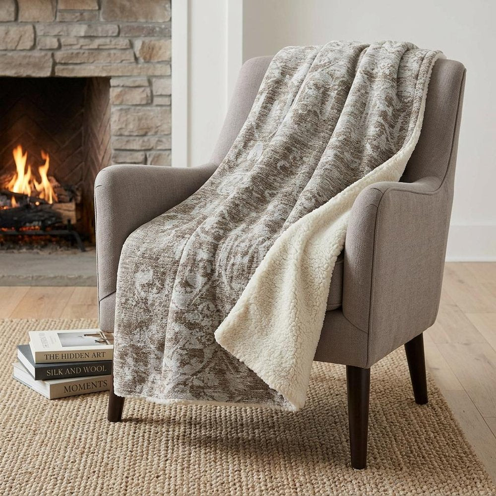 50" X 70" Taupe And Beige Damask Polyester Woven Plush Throw Blanket