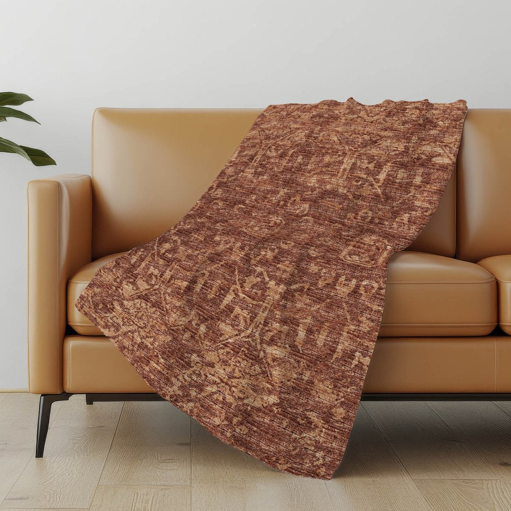 50" X 70" Burgundy And Brown Damask Polyester Woven Plush Throw Blanket