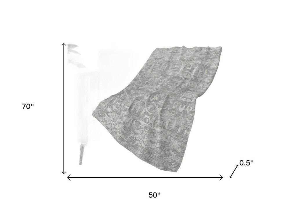 50" X 70" Gray And Ivory Damask Polyester Woven Plush Throw Blanket