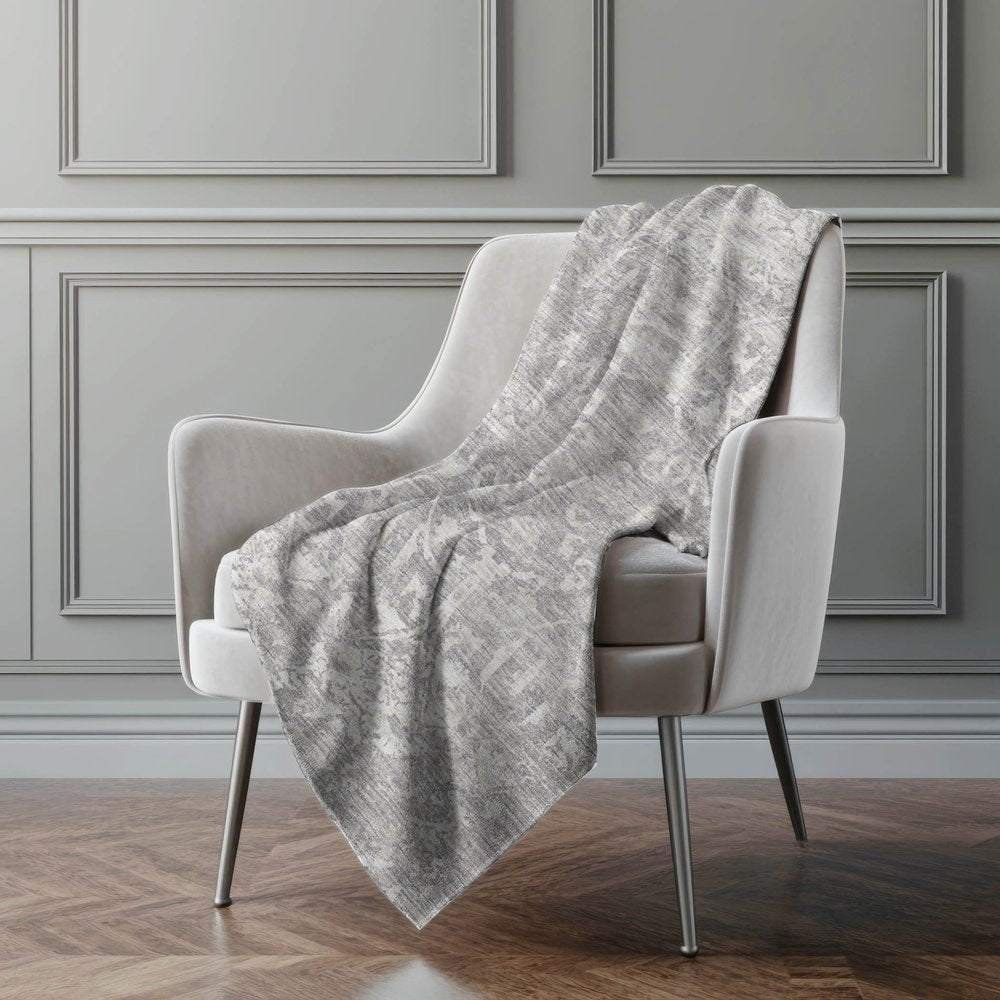 50" X 70" Gray And Ivory Damask Polyester Woven Plush Throw Blanket