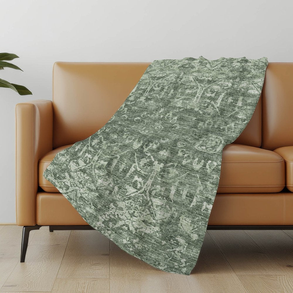 50" X 70" Green And Gray Damask Polyester Woven Plush Throw Blanket