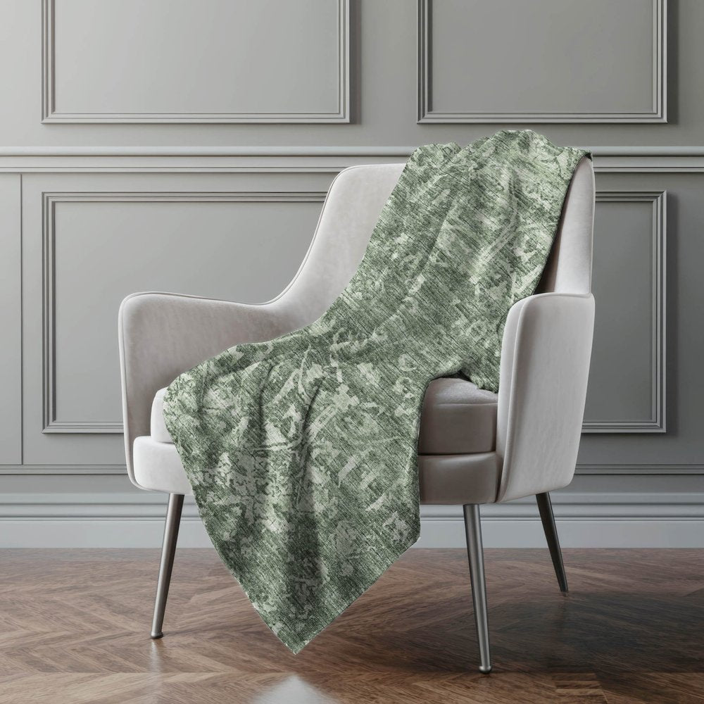 50" X 70" Green And Gray Damask Polyester Woven Plush Throw Blanket