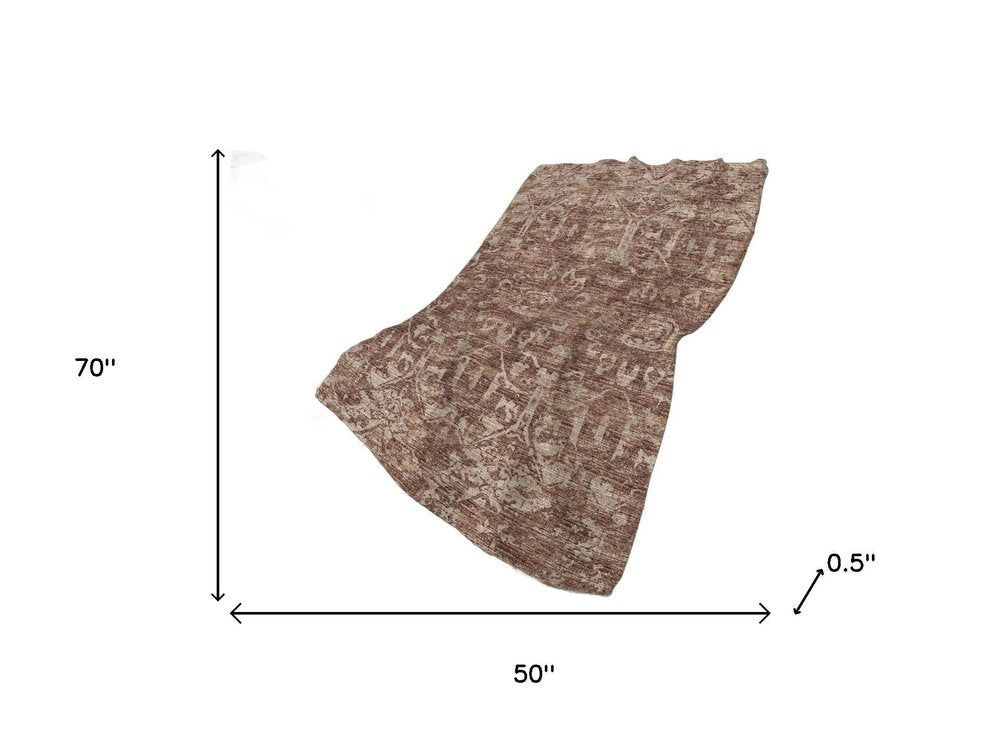 50" X 70" Chocolate And Beige Damask Polyester Woven Plush Throw Blanket