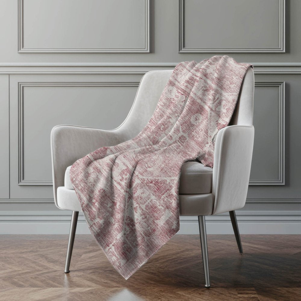 50" X 70" Pink And Ivory Damask Polyester Woven Plush Throw Blanket