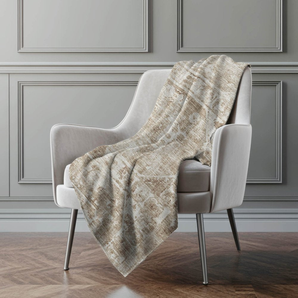 50" X 70" Beige And Ivory Damask Polyester Woven Plush Throw Blanket