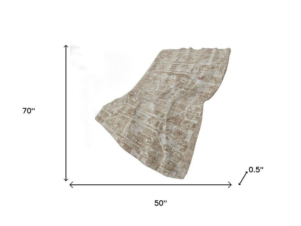 50" X 70" Beige And Ivory Damask Polyester Woven Plush Throw Blanket