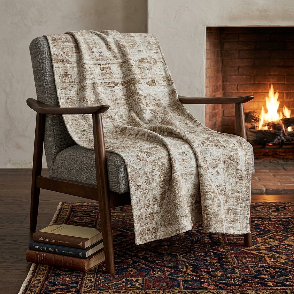 50" X 70" Beige And Ivory Damask Polyester Woven Plush Throw Blanket