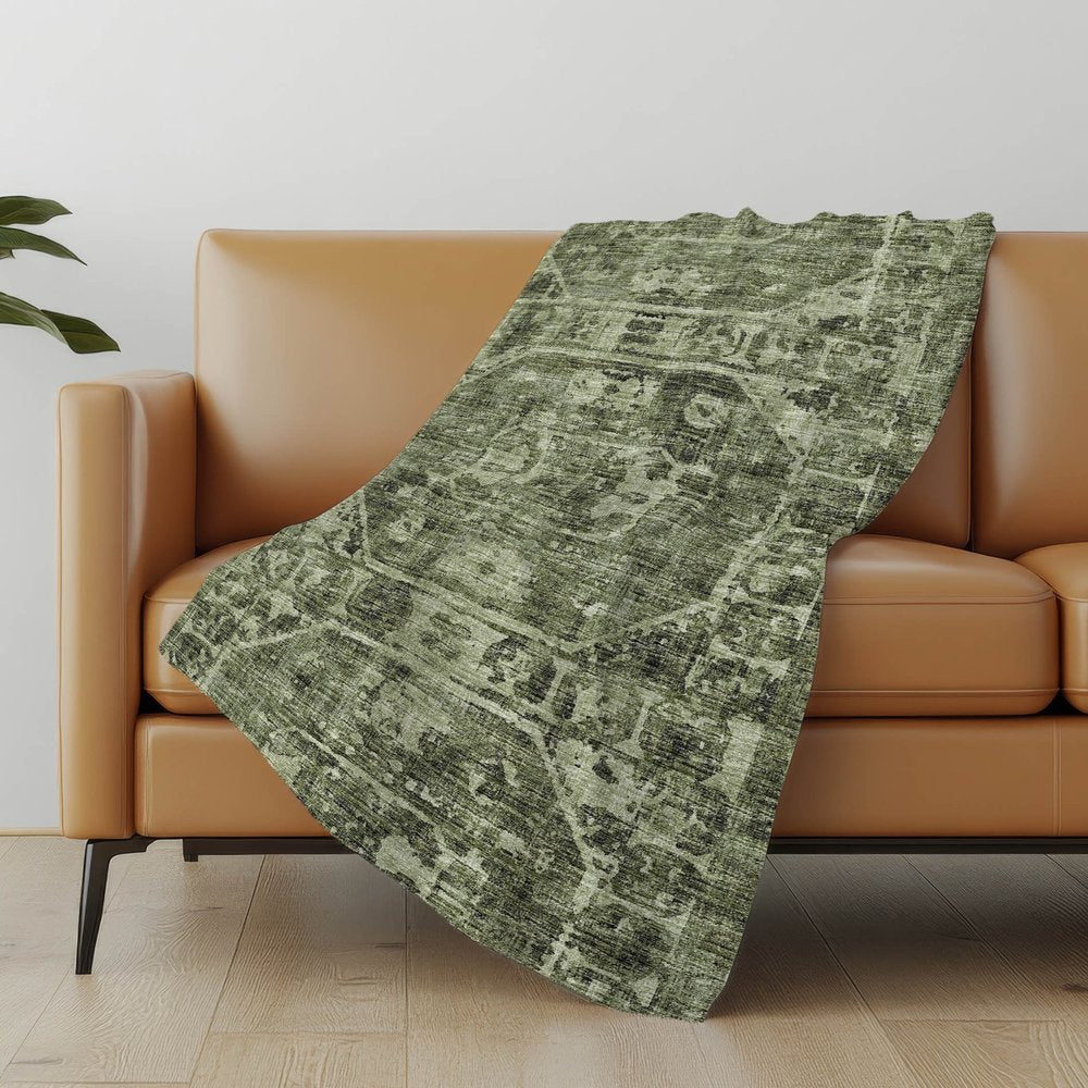 50" X 70" Olive Green And Beige Damask Polyester Woven Plush Throw Blanket