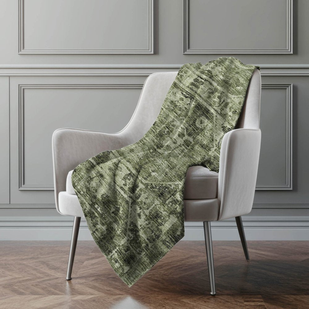 50" X 70" Olive Green And Beige Damask Polyester Woven Plush Throw Blanket