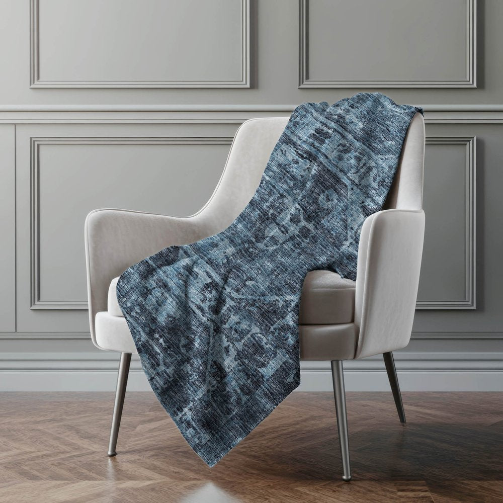 50" X 70" Navy Blue And Gray Damask Polyester Woven Plush Throw Blanket