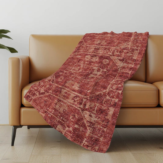 50" X 70" Red And Maroon Damask Polyester Woven Plush Throw Blanket