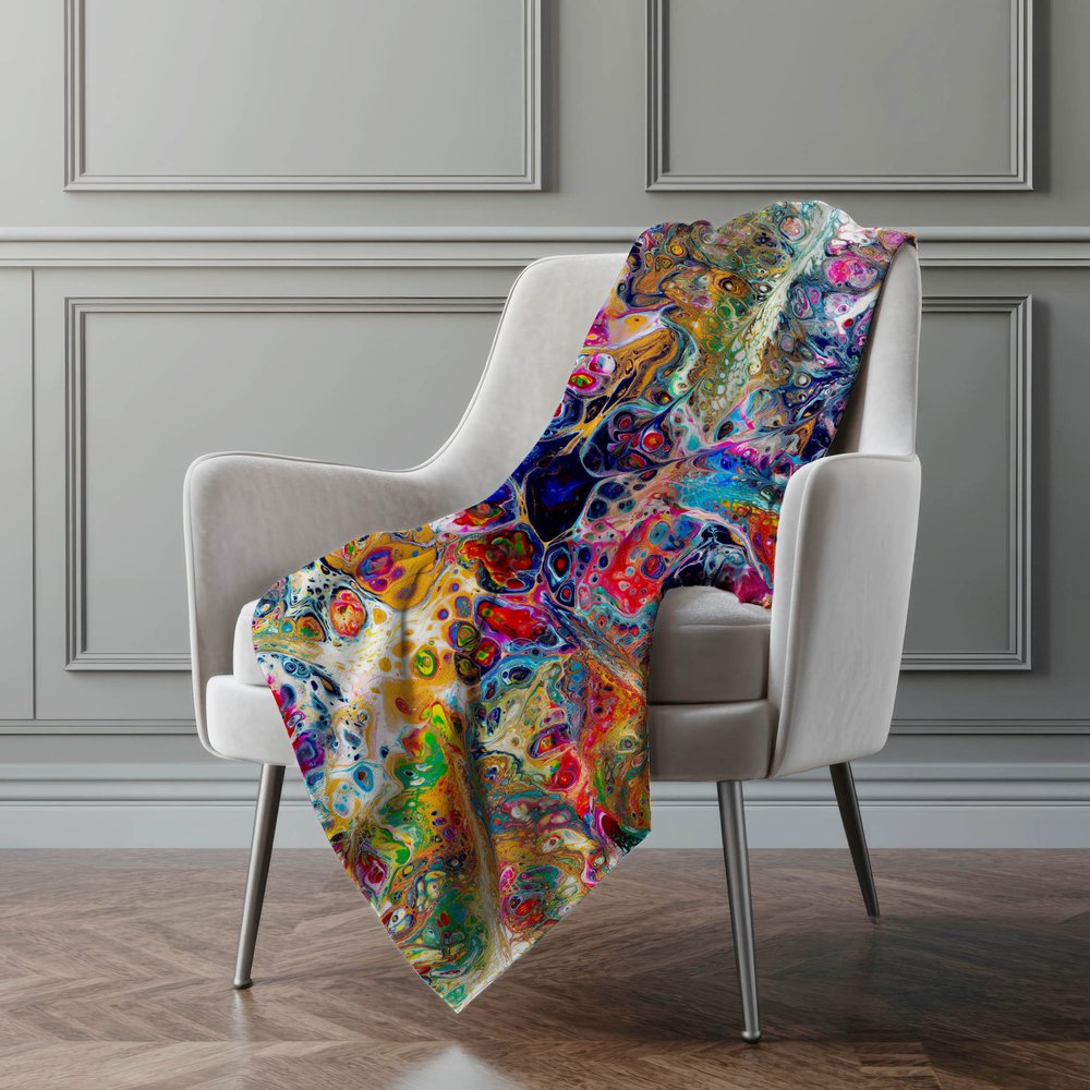 50" X 70" White Blue And Gold Abstract Polyester Woven Plush Throw Blanket