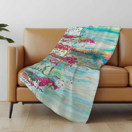 50" X 70" Ivory Pink And Teal Abstract Polyester Woven Plush Throw Blanket