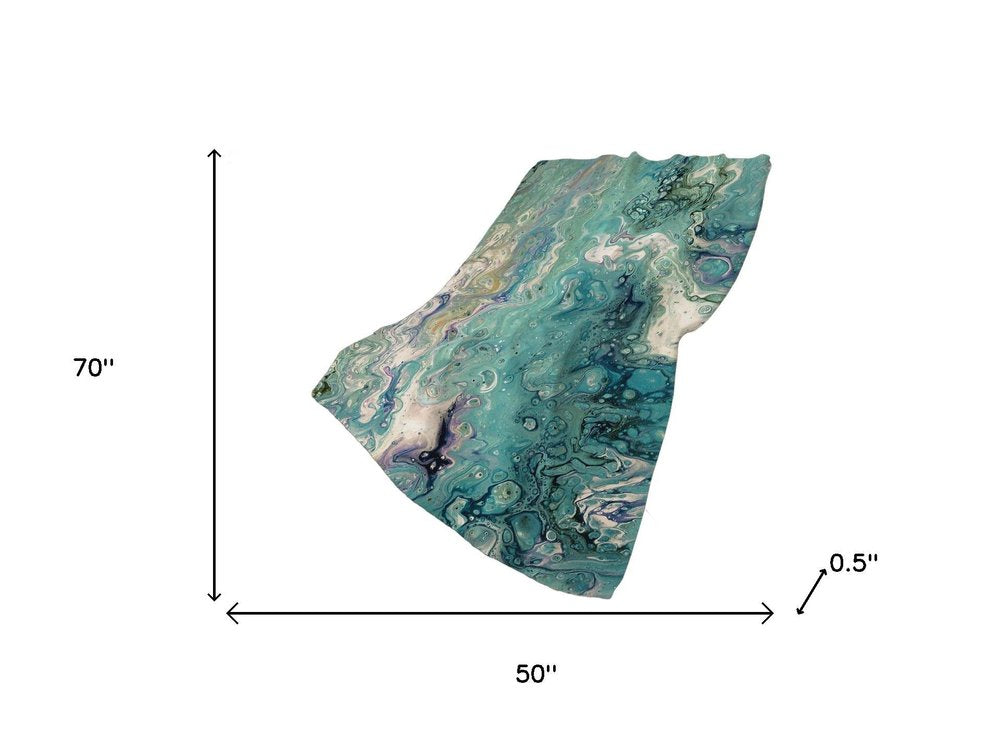 50" X 70" Teal And Ivory Abstract Polyester Woven Plush Throw Blanket