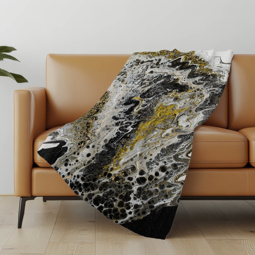 50" X 70" Ivory Black And Gold Abstract Polyester Woven Plush Throw Blanket