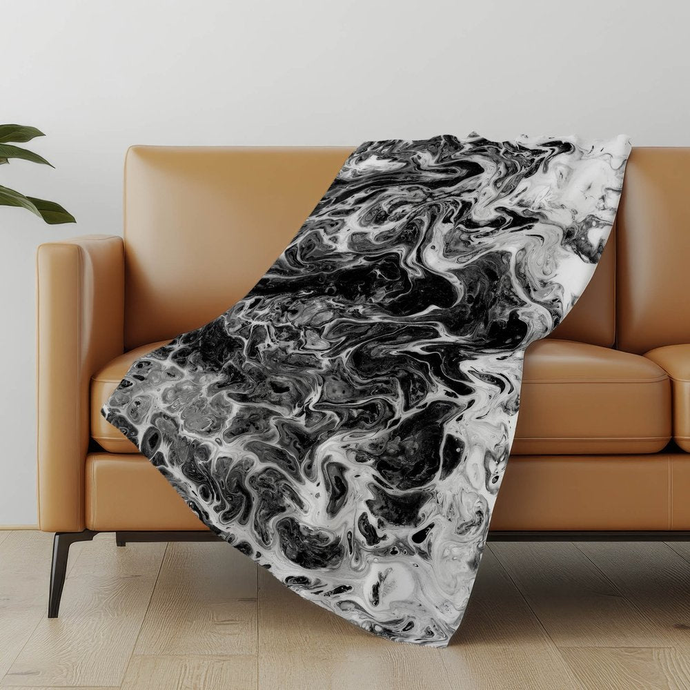 50" X 70" Ivory And Black Abstract Polyester Woven Plush Throw Blanket