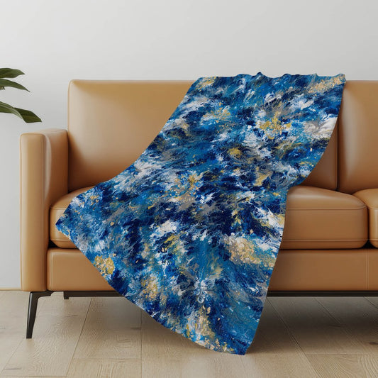 50" X 70" Blue Ivory And Gold Abstract Polyester Woven Plush Throw Blanket