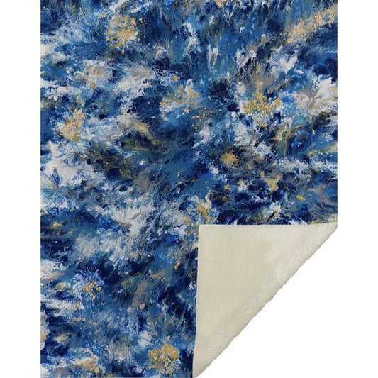 50" X 70" Blue Ivory And Gold Abstract Microfiber Plush Throw Blanket
