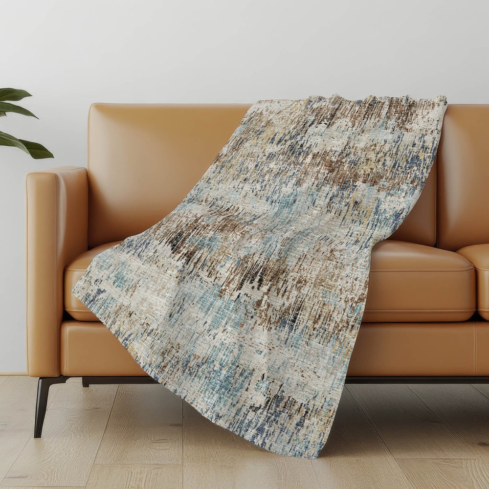 50" X 70" Beige Blue And Coffee Abstract Polyester Woven Plush Throw Blanket