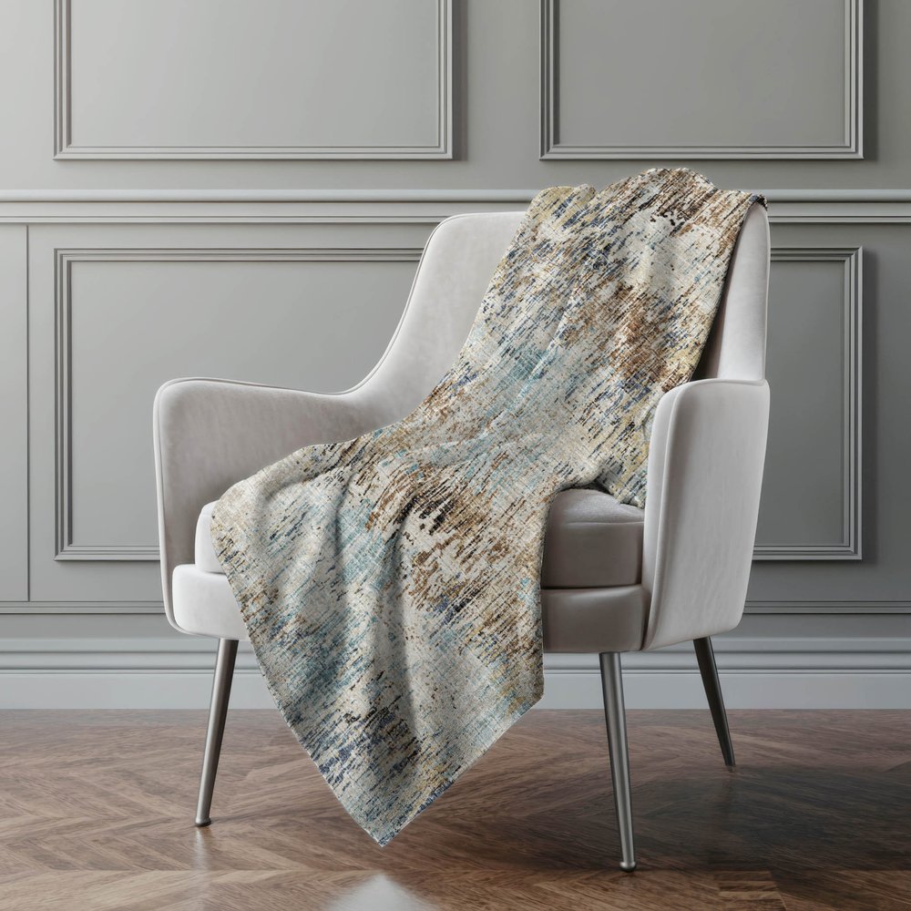 50" X 70" Beige Blue And Coffee Abstract Polyester Woven Plush Throw Blanket