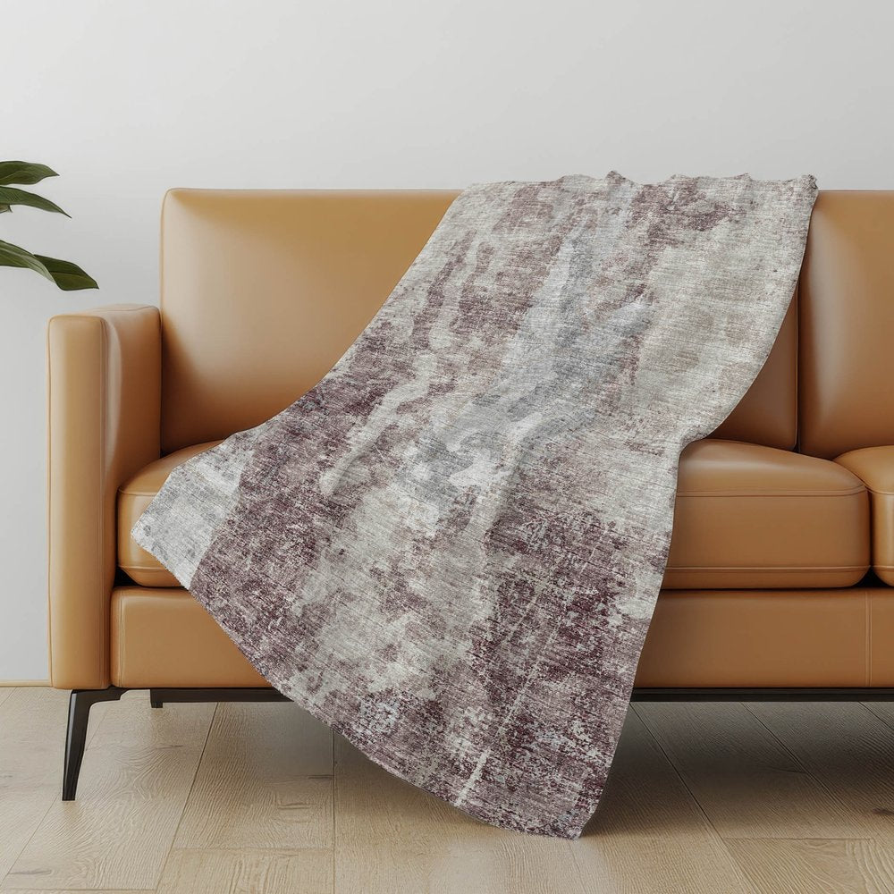 50" X 70" Plum Ivory And Gray Abstract Polyester Woven Plush Throw Blanket