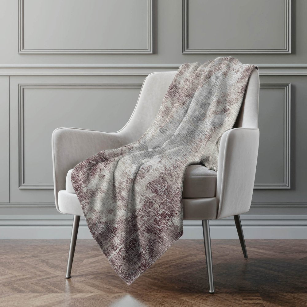 50" X 70" Plum Ivory And Gray Abstract Polyester Woven Plush Throw Blanket