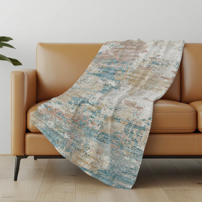50" X 70" Teal Beige And Ivory Abstract Polyester Woven Plush Throw Blanket