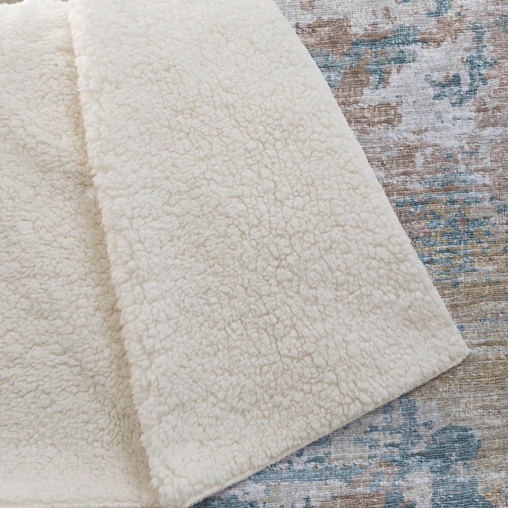 50" X 70" Teal Beige And Ivory Abstract Plush Throw Blanket