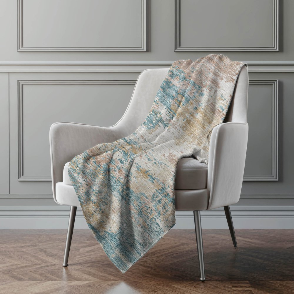 50" X 70" Teal Beige And Ivory Abstract Polyester Woven Plush Throw Blanket