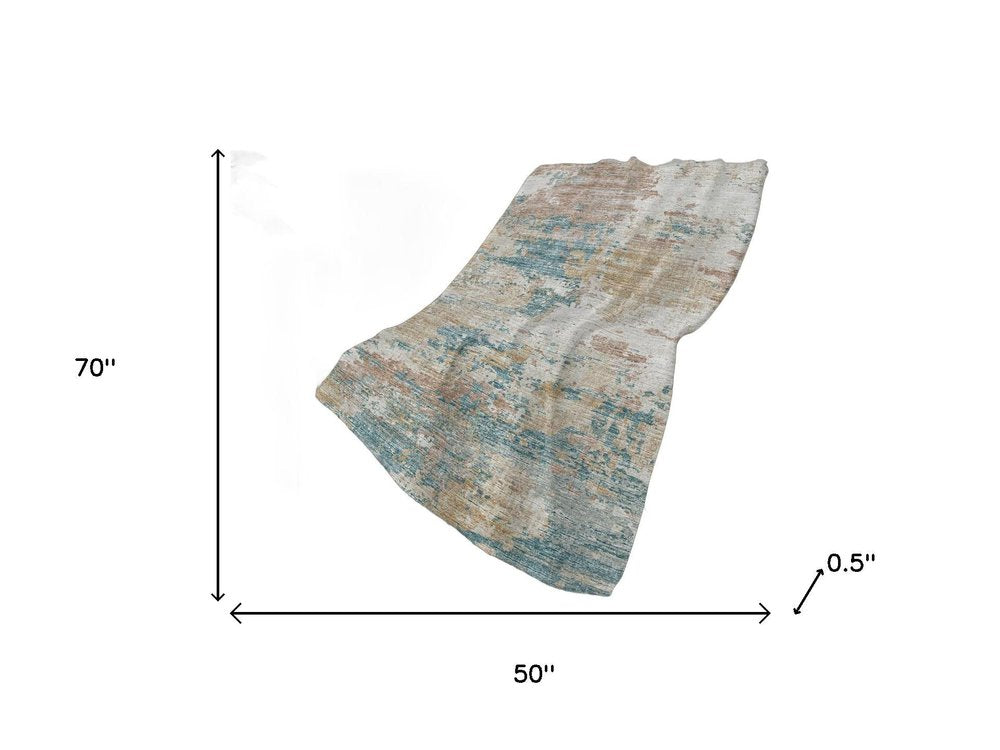 50" X 70" Teal Beige And Ivory Abstract Plush Throw Blanket
