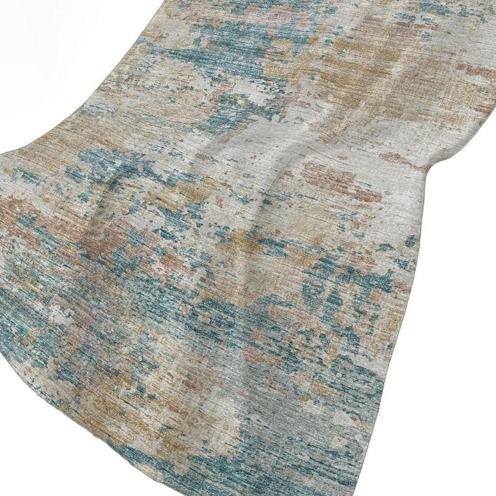 50" X 70" Teal Beige And Ivory Abstract Plush Throw Blanket